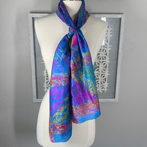 Blue, pink, gold, and green silk scarf abstract asian inspired print